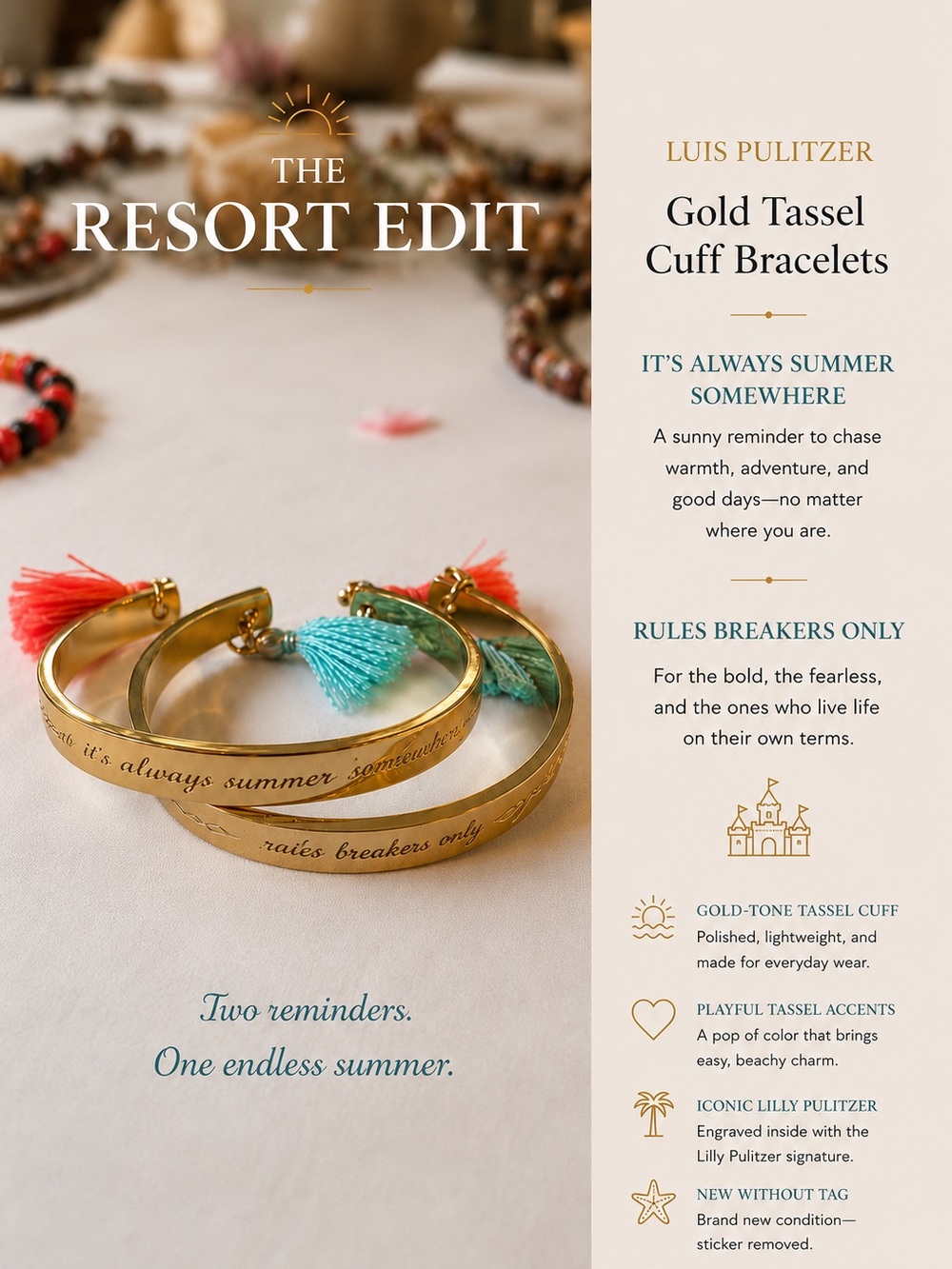 Lilly Pulitzer Gold Cuff Bracelets with Coral and Turquoise Tassels